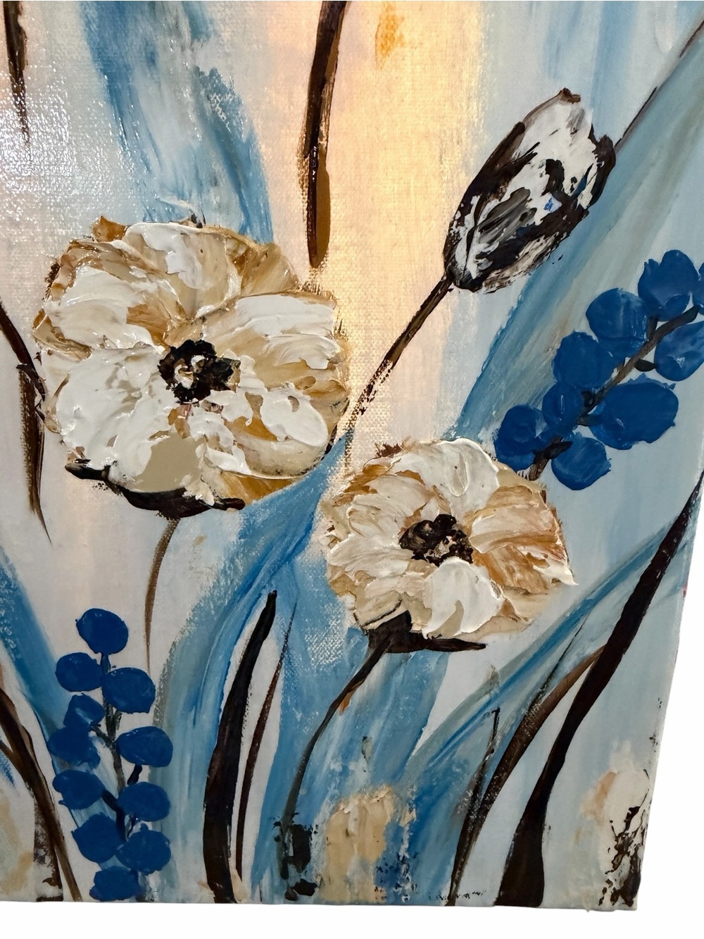 NWT Acrylic Textured Floral Canvas Painting in White, Blue & Cream 14 x 18" - Picture 9 of 14